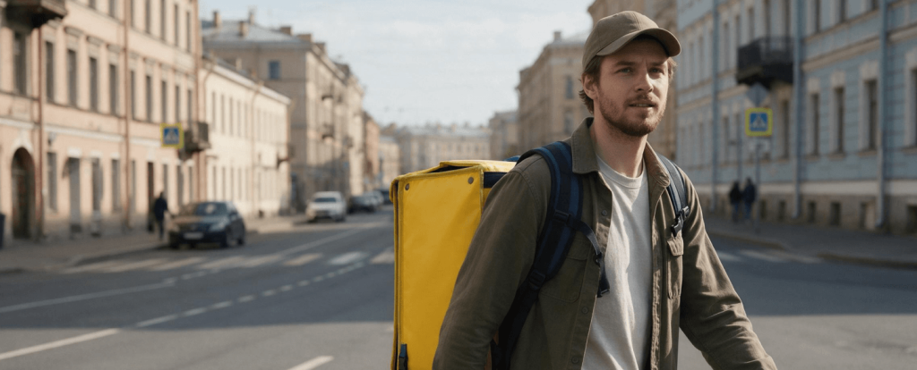 Работа пешим курьером в СПб Курьер в кепке с жёлтым терморюкзаком на улице