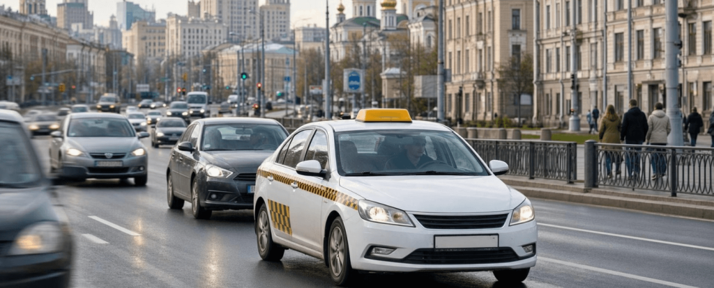 Белый автомобиль с шашечками такси на городской дороге